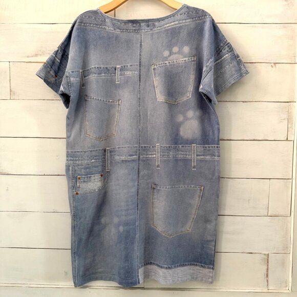 Large Tsumori Chisato Room Issey Miyake Denim Print Knit Dress Cat Paws - Picture 5 of 9